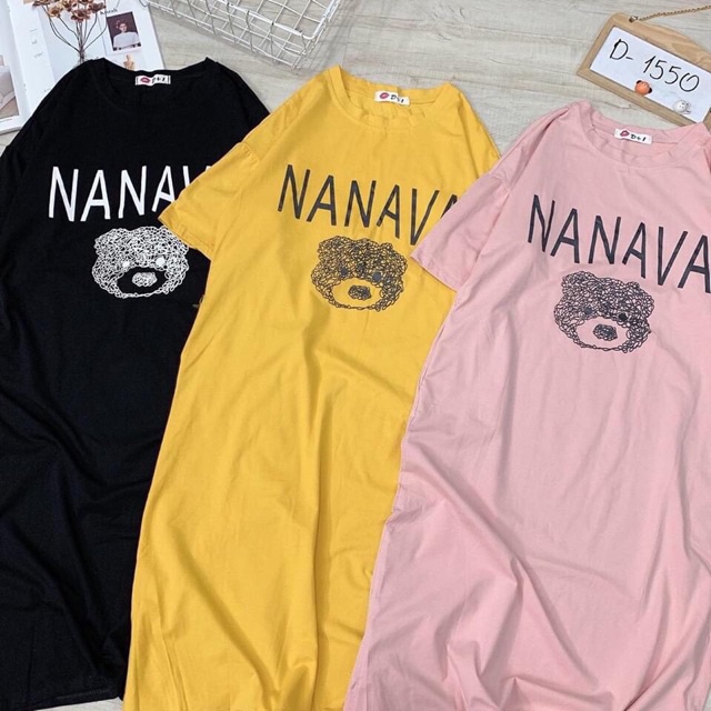 Đầm suông chất cotton co dãn in hình chú gấu nanava freesize dáng dài