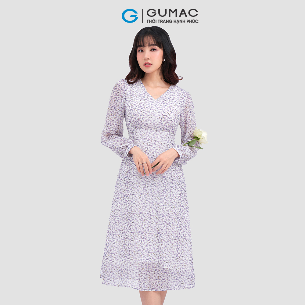 Đầm cổ V GUMAC DC12001 tay lỡ họa tiết hoa nữ tính