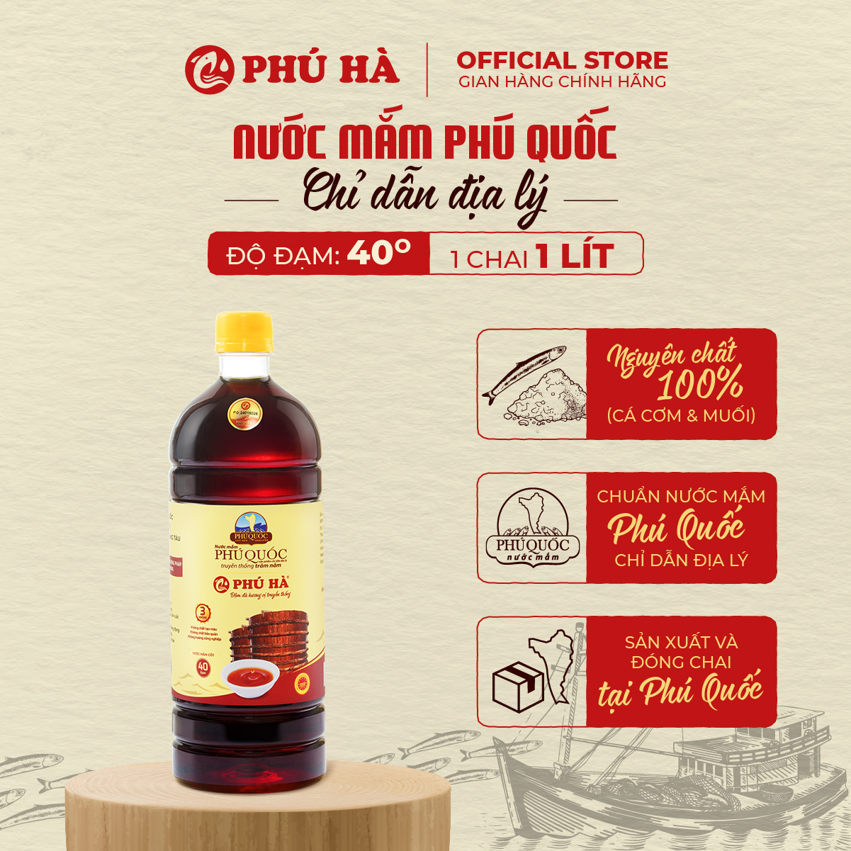 Nước mắm Phú Quốc Chỉ Dẫn Địa Lý Phú Hà 40 độ đạm - 1 Chai 1 lít