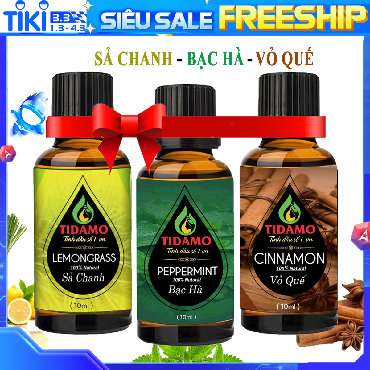 Combo 3 Tinh Dầu Sả Chanh + Tinh Dầu Bạc Hà + Tinh Dầu Vỏ Quế - Tinh Dầu Thiên Nhiên Xông Phòng Cao Cấp Giúp Thư Giãn, Đuổi Muỗi Và Thơm Phòng (3 chai 10ML)