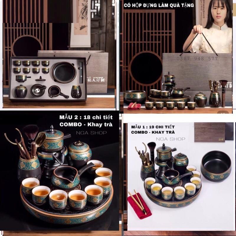 Combo-Khay + Bộ ấm chén pha trà đẹp cối xay gốm sứ cao cấp , Bộ chén uống trà đạo 19 chi tiết hoa cẩm xanh , chén trắng