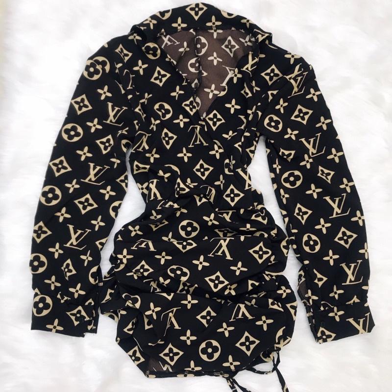 Đầm sơ mi hoạ tiết tay dài rút dây cực cá tính cài nút thật kèm hình thật