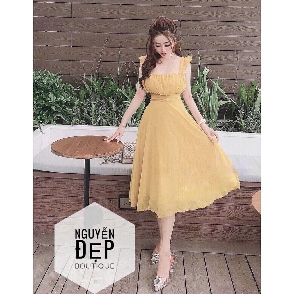 Đầm maxi voan 2s bèo nhún ngực kèm mút