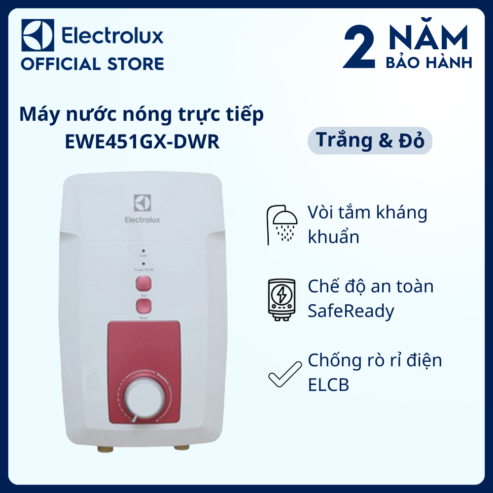 Máy nước nóng trực tiếp Electrolux 4.5kW - Trắng &amp; Đỏ - EWE451GX-DWR - Vòi tắm kháng khuẩn, chế độ an toàn SafeReady [Hàng chính hãng]