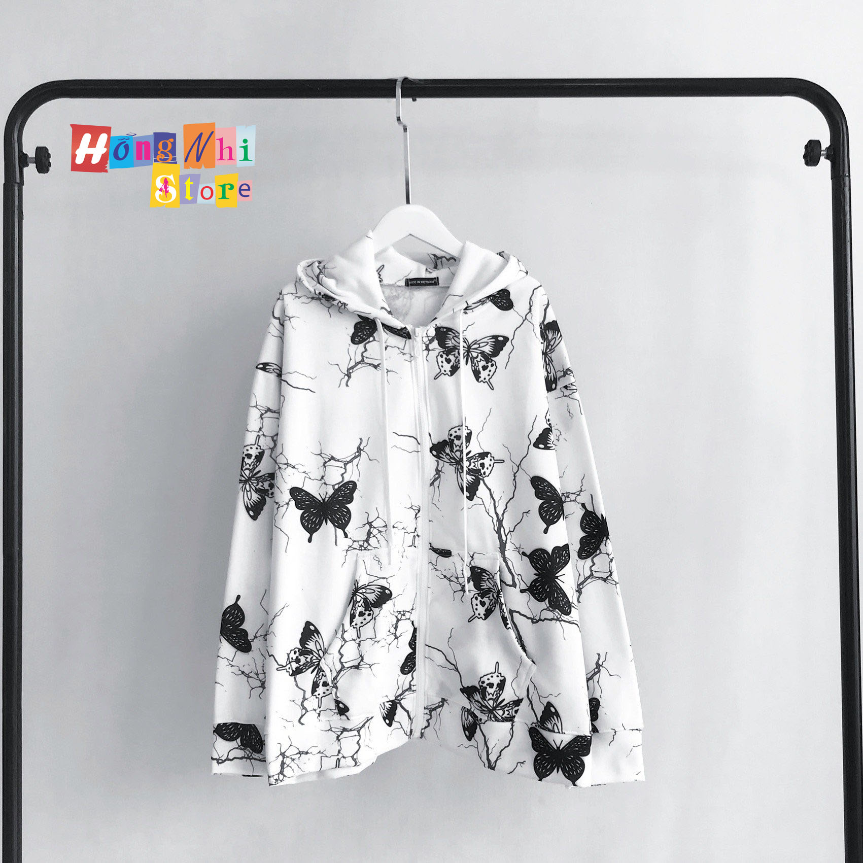 Áo Hoodie Zip 3D Hình Bướm Dáng Rộng - Khoác Hoodie Dây Kéo In Hình Unisex - MM