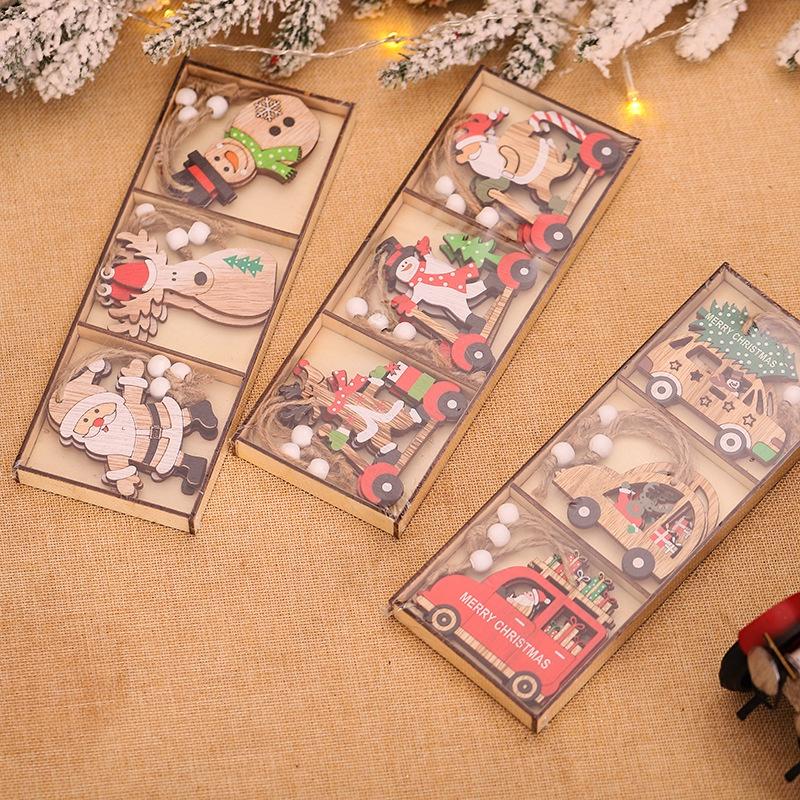 Set 9 Phụ Kiện Treo Trang Trí Giáng Sinh Bằng Gỗ Hình Ông Già Noel Hoạt Hình
