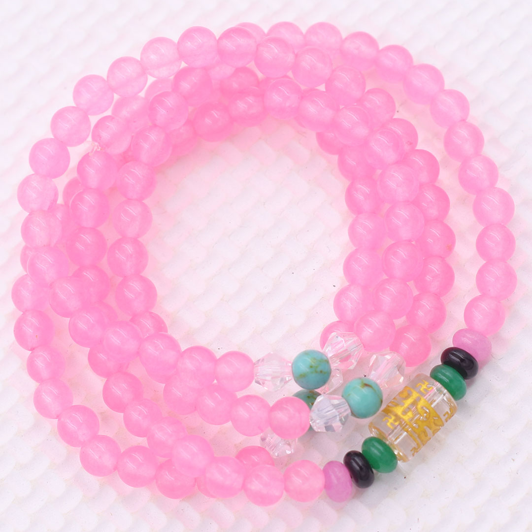 Bộ Vòng Chuỗi, Tràng Hạt 108 Hạt 6 Ly Đá Thạch Anh Hồng Phấn Charm Lục Tự Chân Ngôn - Tràng Chuỗi Niệm Phật - An Yên - Thịnh Vượng - May Mắn - Tài Lộc