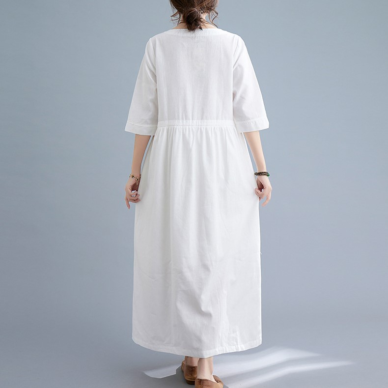 Đầm suông linen dáng dài màu trắng 2 túi sườn, Đầm nữ thắt eo phong cách vintage Đũi Việt