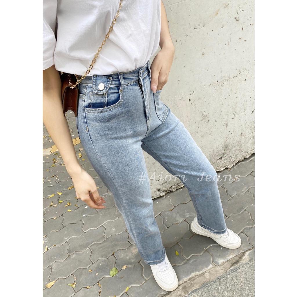 Quần Jeans Nữ AIORI Ống Suông Đứng Nắp Túi Dáng dài chất bò jean cao cấp co giãn mềm mịn thời trang 4 mùa Mã E002 - Xanh Đậm, Xanh Đậm