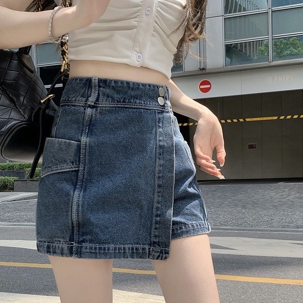 Chân Váy Jean Lưng Cao Phối Nút Kiểu Thời Trang