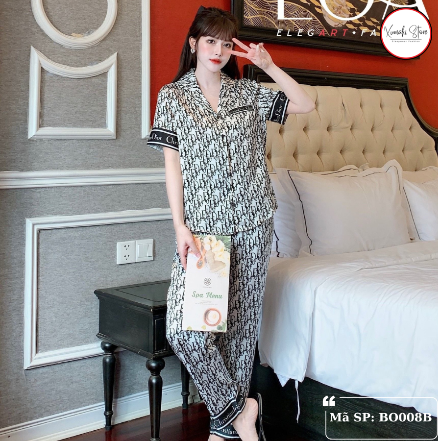 Bộ pijama nữ áo cộc quần dài họa tiết chữ nhiều màu chất lụa cao cấp Xumaki Store BO008B