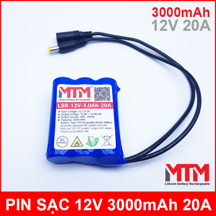 Pin sạc lithium 12V 3000mah 3S chịu tải 20A MTM kèm sạc chính hãng