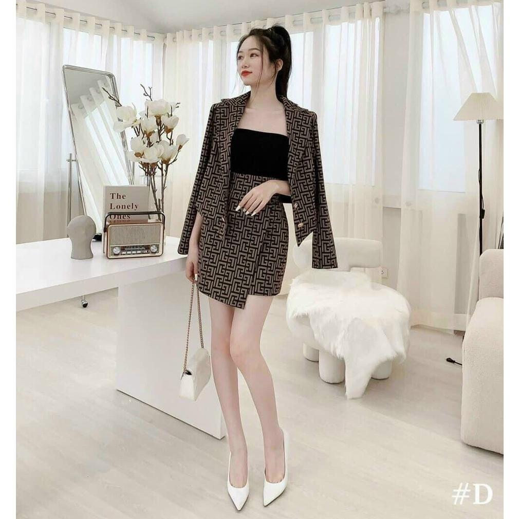 Sét Bộ Đồ Nữ 3 Món Hoạ Tiết Thổ Cẩm Phối Áo Khoác Ngoài Dài Tay Kèm Chân Váy chữ A tôn dáng