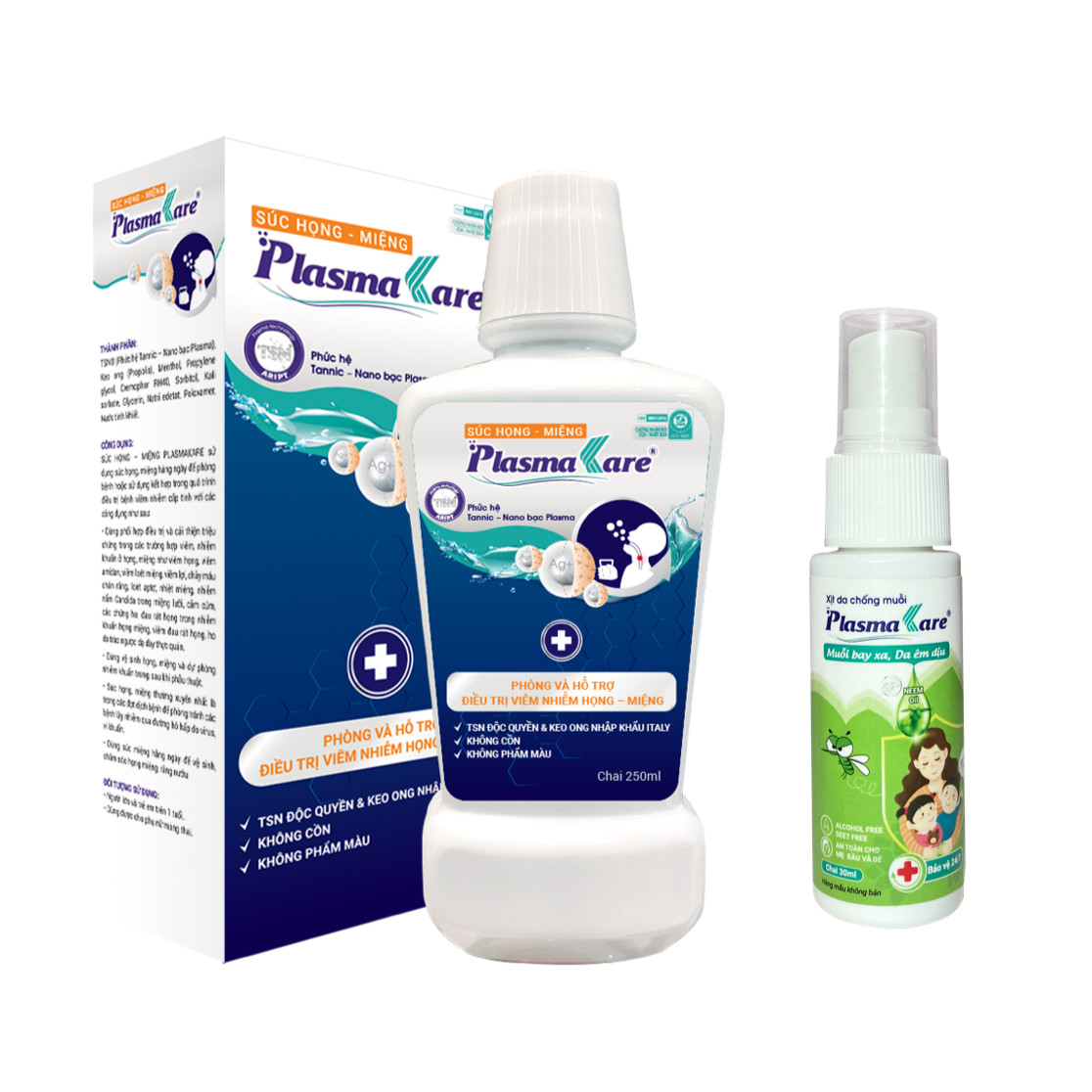 Combo 1 chai nước súc họng miệng (SHM) PlasmaKare chứa TSN tặng 1 Xịt chống muỗi PlasmaKare 30ml