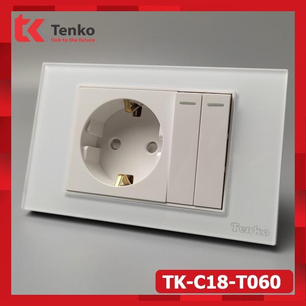 Ổ Cắm Chuẩn ĐỨC kèm 2 Công tắc ĐÈN mặt Kính Cường Lực TENKO Thương Hiệu Nhật TK-C18-060