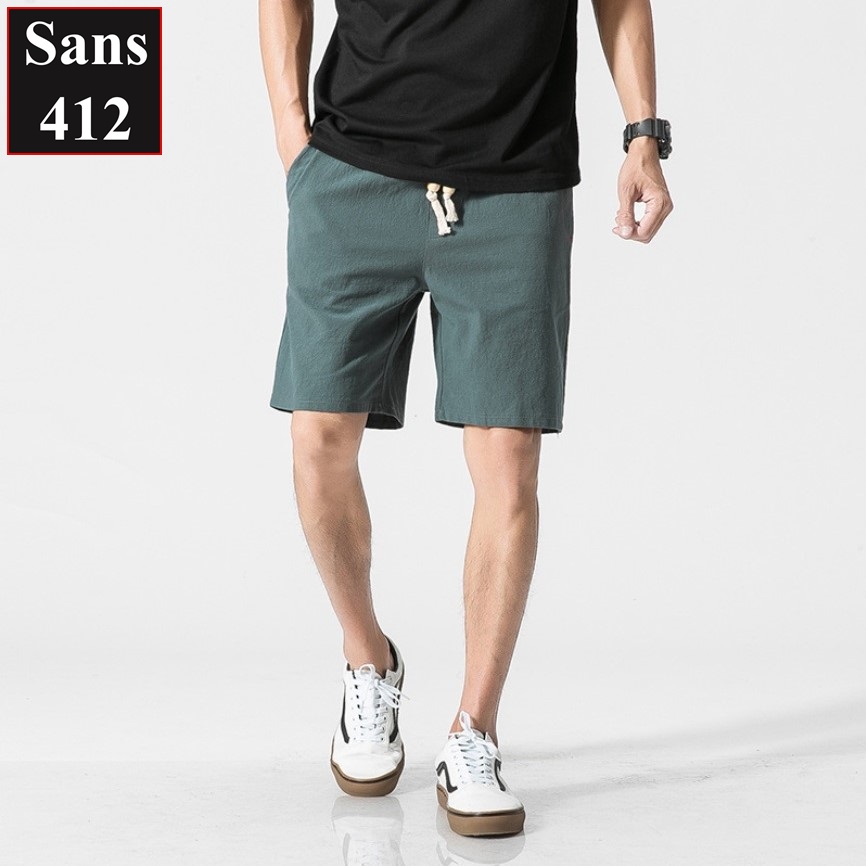 Quần short nam đũi Sans412 ngắn lanh linen mát dây rút ngố đùi cộc sóc trắng đen xám xanh than bigsize 80kg 90kg 100kg