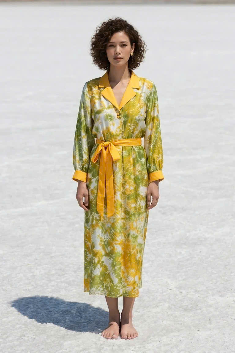 Đầm Midi Suông Cổ Ve Lụa Tơ Tằm Loang Màu Vân Kim Dre242 Thời trang thiết kế Hity