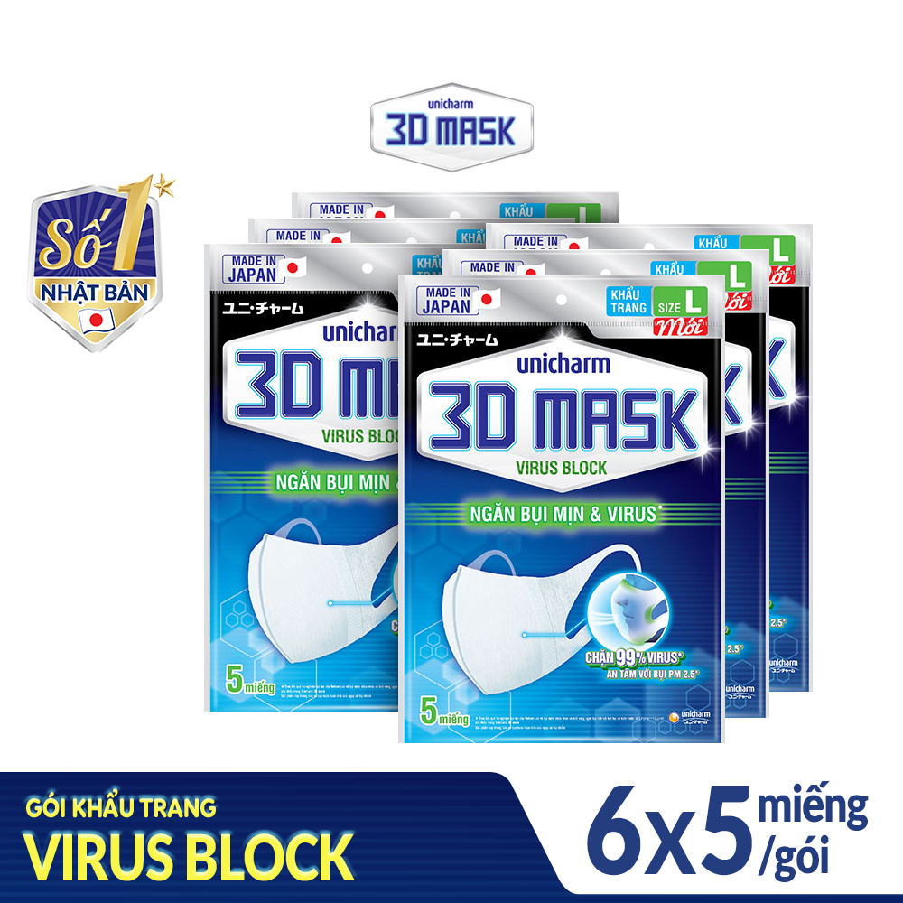 Bộ 6 Khẩu Trang Unicharm 3DMask Virus Block size L gói 5 miếng