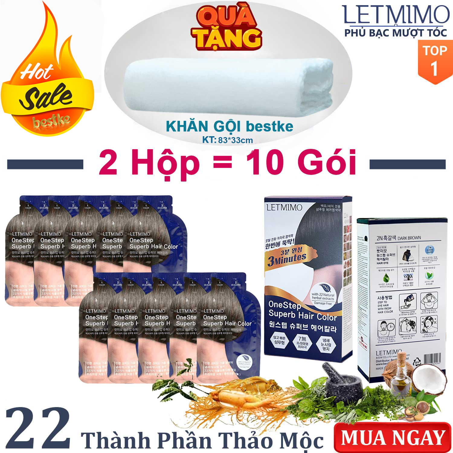 Thuốc Nhuộm Tóc LETMIMO màu Nâu Đen_2N, Combo 2 Hộp = 10 gói + QUÀ TẶNG 1 khăn gội bestke 83*33cm