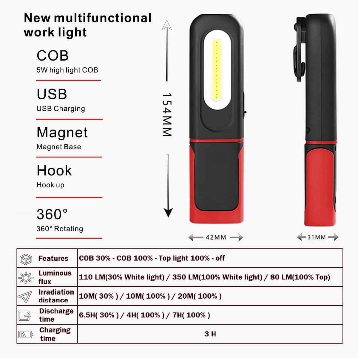 Đèn làm việc LED có thể sạc lại, 2 trong 1 Đèn kiểm tra với vòng quay 360 độ và đèn Torche LED Cob 5W với đế từ tính và móc cho hội thảo tại nhà DIY Ánh sáng
