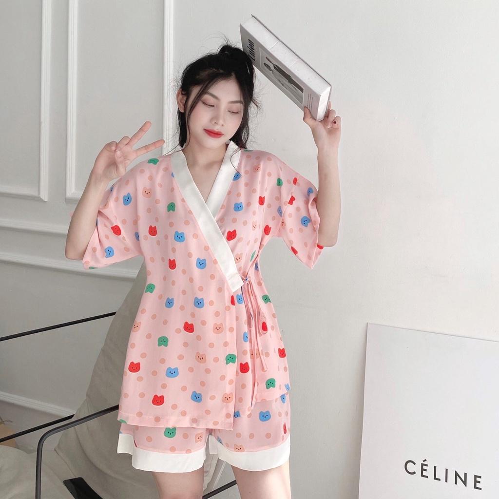 Bộ Kimono Nữ Họa Tiết Cộc Tay Dây Buộc Eo