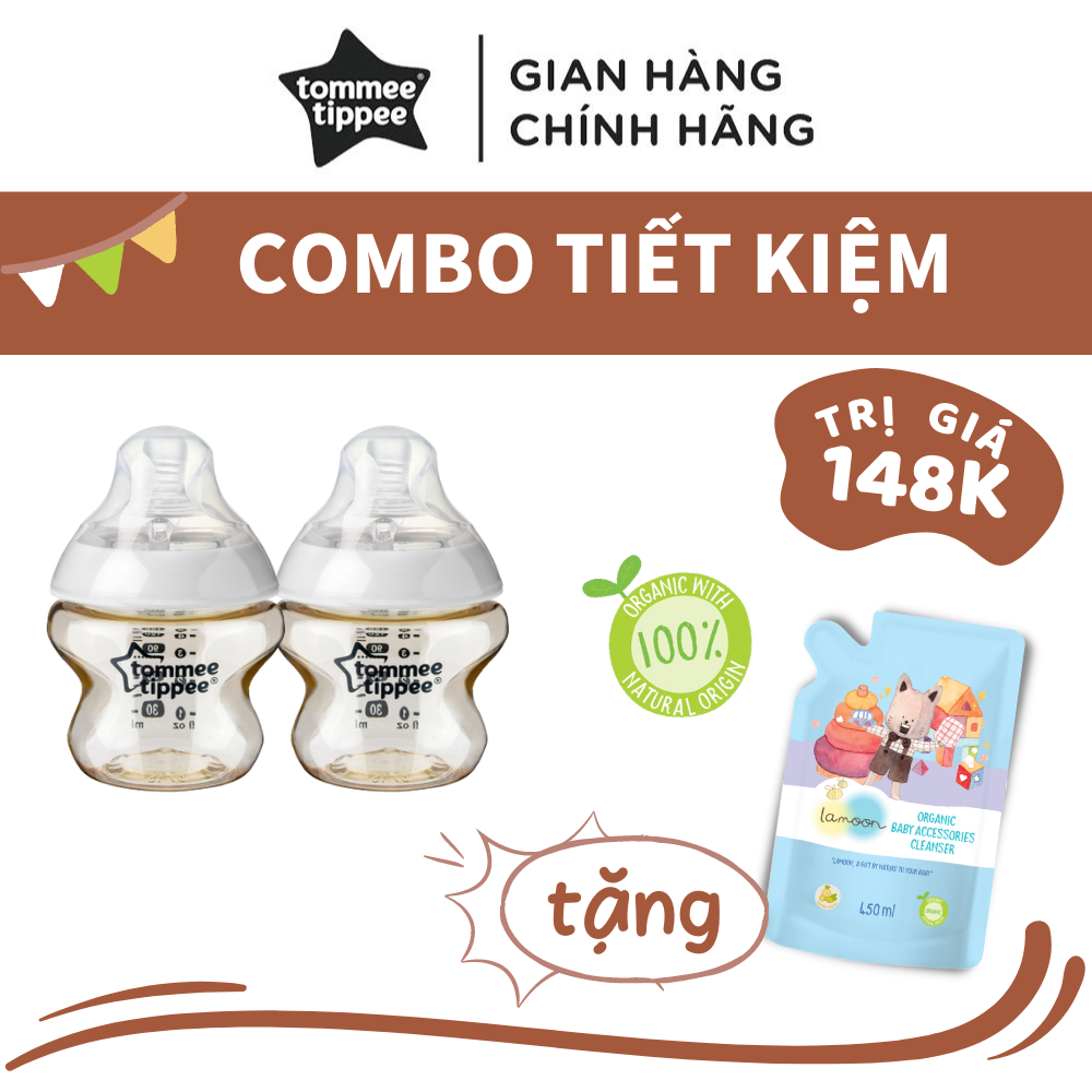 COMBO 2 Bình Sữa Tommee Tippee PPSU Ty Siêu Mềm Tự Nhiên 150ml TẶNG 1 Túi Nước rửa đồ chơi Organic Lamoon 450ml