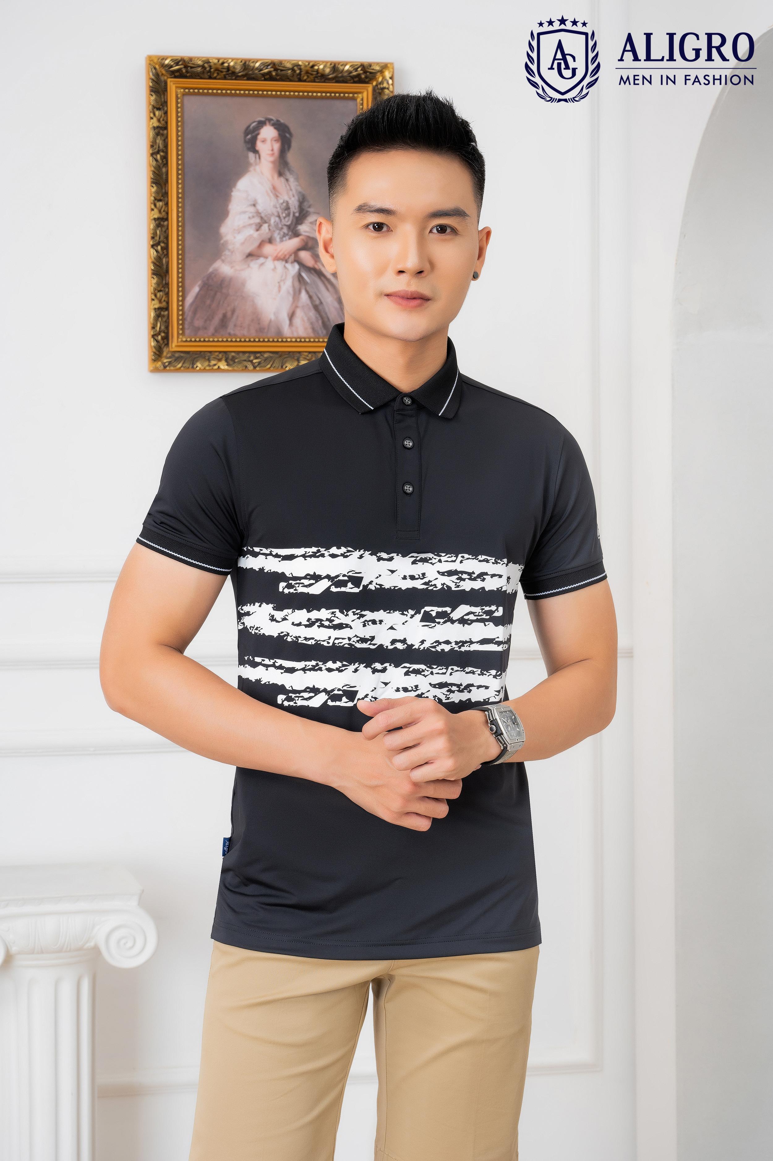Áo Polo đen phối kẻ ngang Aligro ALGPLO73