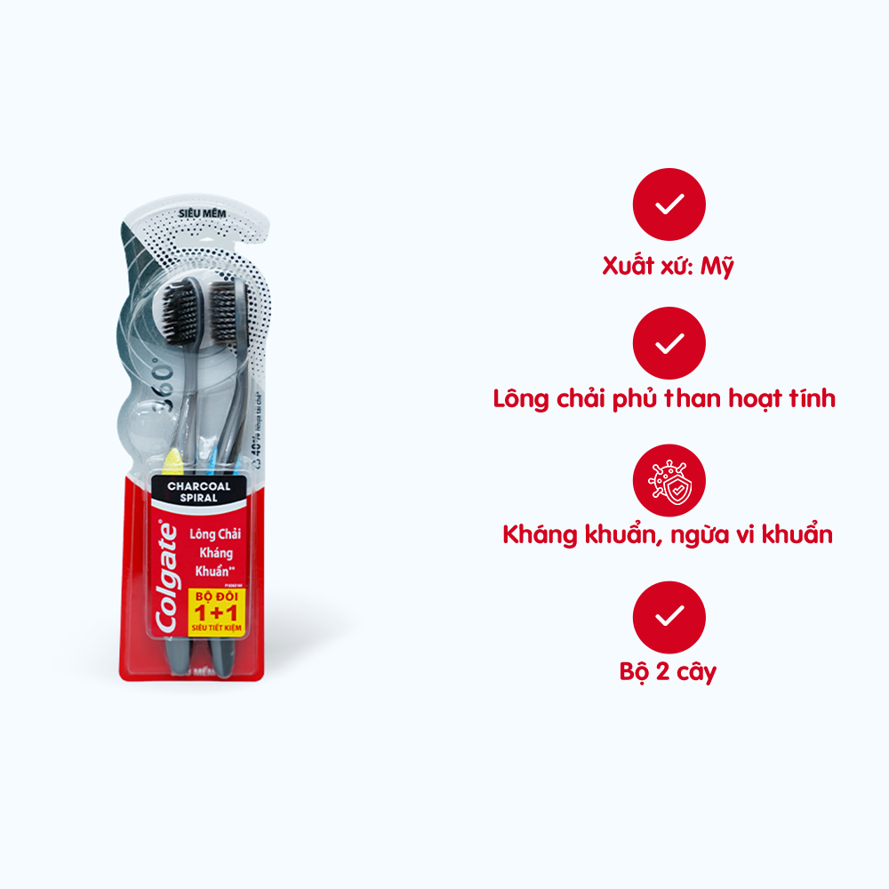 Bộ Đôi Bàn Chải Đánh Răng COLGATE 360 Charcoal Spiral Lông Chải Siêu Mềm Xoắn Kép Phủ Than