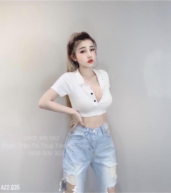 Áo Croptop nữ cổ bẻ chất thun lụa mềm mịn - freesize dưới 51kg - Carotshop