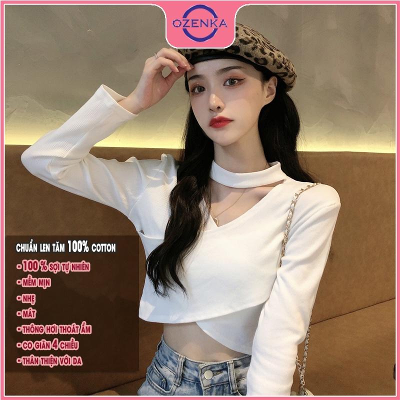 Áo croptop tay dài cổ v đắp chéo, áo thu đông nữ đẹp len tăm cotton cao cấp màu đen trắng free size dưới 50 kg