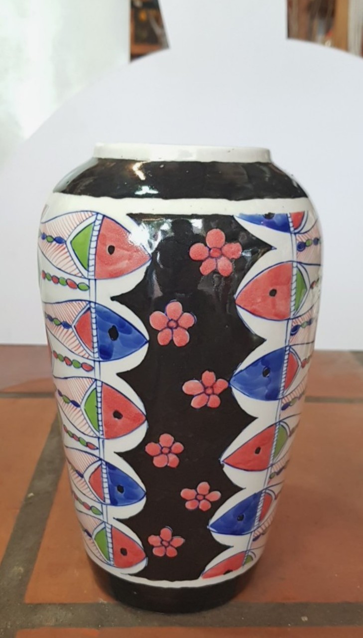 Bình hoa dạng ống tròn, họa tiết hình con cá và hoa, cao 25cm, trang trí nhà cửa, quà tặng tân gia, sinh nhật, gốm Bát Tràng. Giao từ HCM