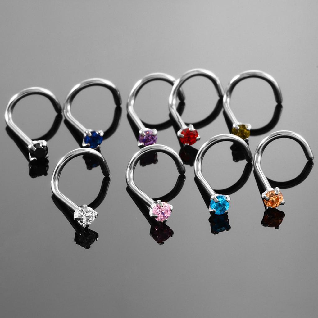 Multicolor Zircon Curved Nose Studs Bar Ring Body Piercing Jewelry 9Pcs 20g
