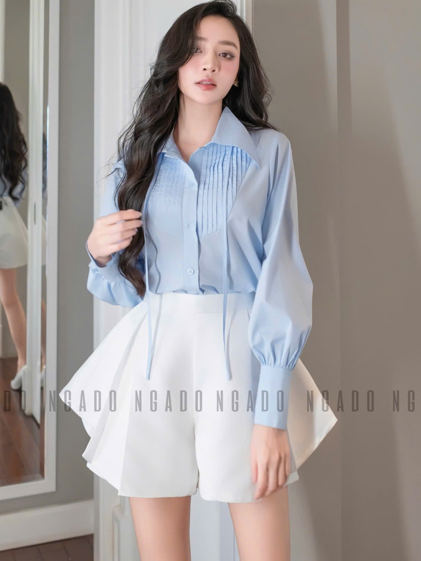 Áo sơ mi xanh nhạt NGADO , áo kiểu nữ , áo sơ mi