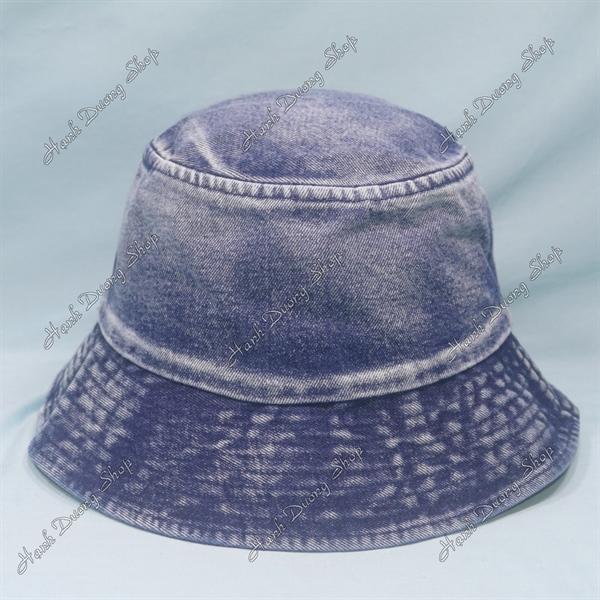 Nón tai bèo jean vành rộng 6,5cm vải jean loang hàng quảng châu thêu chữ T có dây rút phía trong, hàng 1 lớp vòng đầu 58-59cm - Xanh đậm