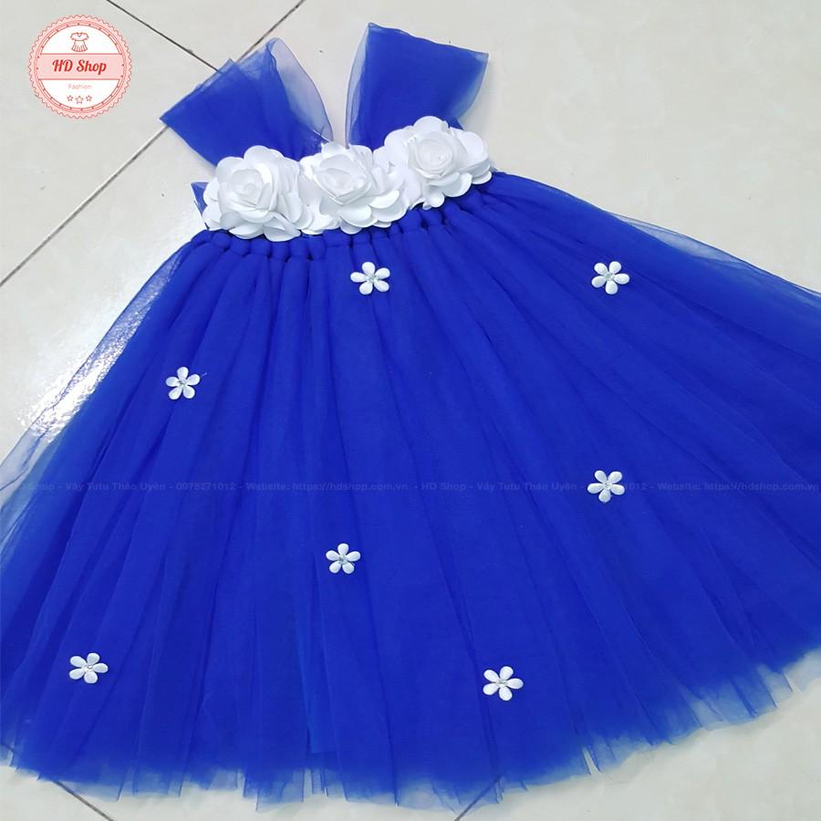 Đầm công chúa ️️ Đầm công chúa cho bé xanh coban hoa nhí trắng