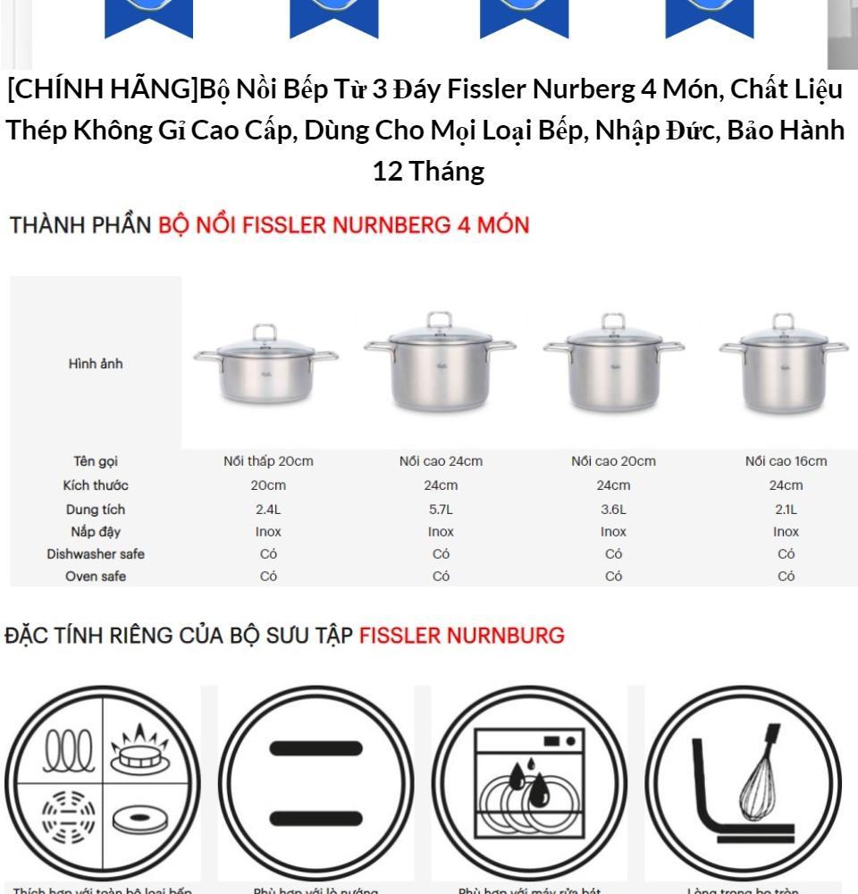 Bộ Nồi Bếp Từ 3 Đáy Fissler Nurberg 4 Món, Chất Liệu Thép Không Gỉ Cao Cấp, Dùng Cho Mọi Loại Bếp