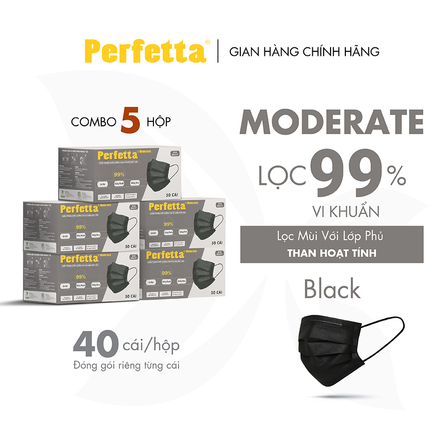 Combo 5 Hộp - Perfetta Moderate - Khẩu Trang Y Tế Chất Lượng Cao, Kháng Khuẩn, Chống Bụi Mịn, 3 Lớp, Bảo Vệ Tối Ưu - 50 Cáihộp - Đen