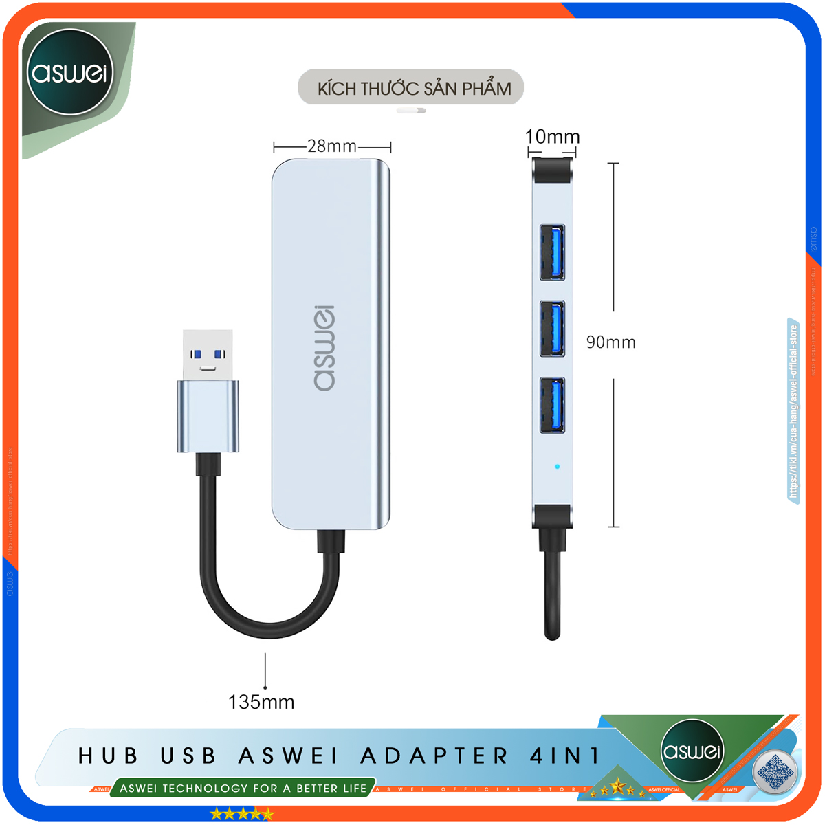 Hình ảnh Hub Type C Và Hub USB 3.0 ASWEI 4 in 1 To 4 USB 3.0 - Hàng Chính Hãng