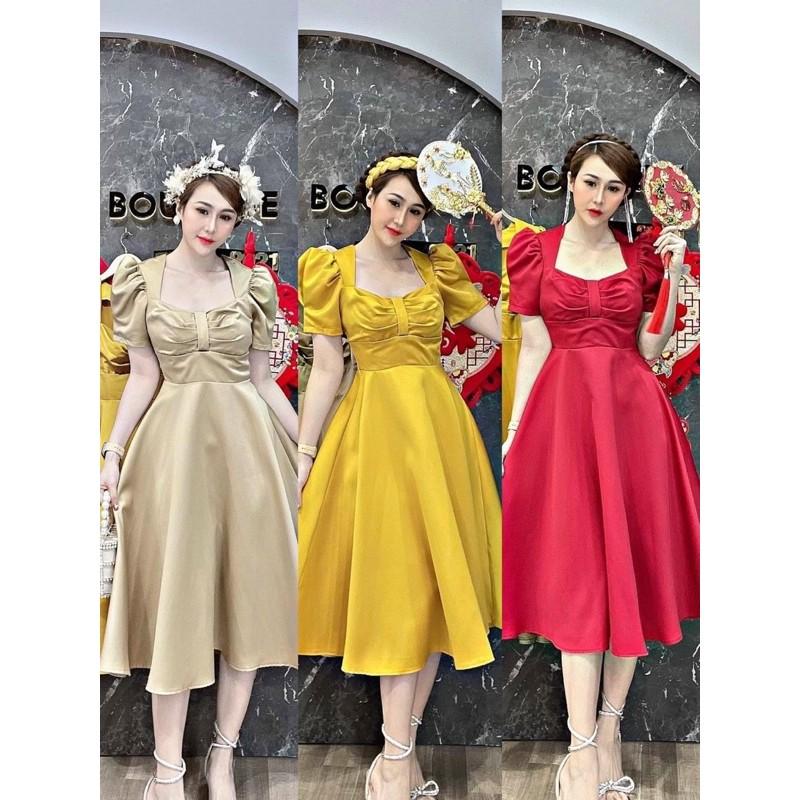 Đầm tay phồng nhún có mút ngực