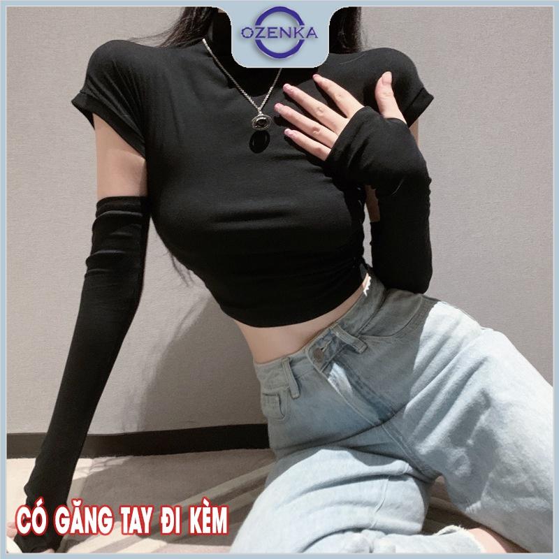 Áo croptop hở lưng cộc tay cổ lọ nữ ozenka , áo crt ôm body thun cotton màu đen trắng dưới 55 cân