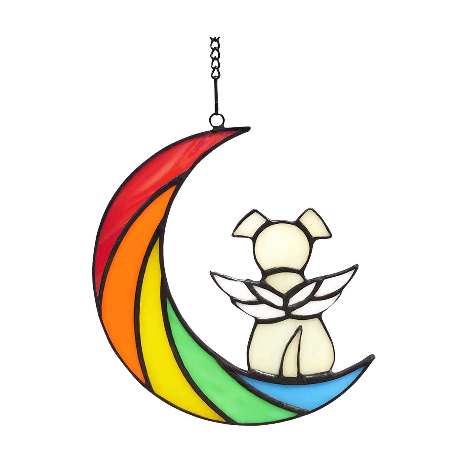 Stained Glass Window Hangings Dog on The Moon Ornament for Bedroom Decor