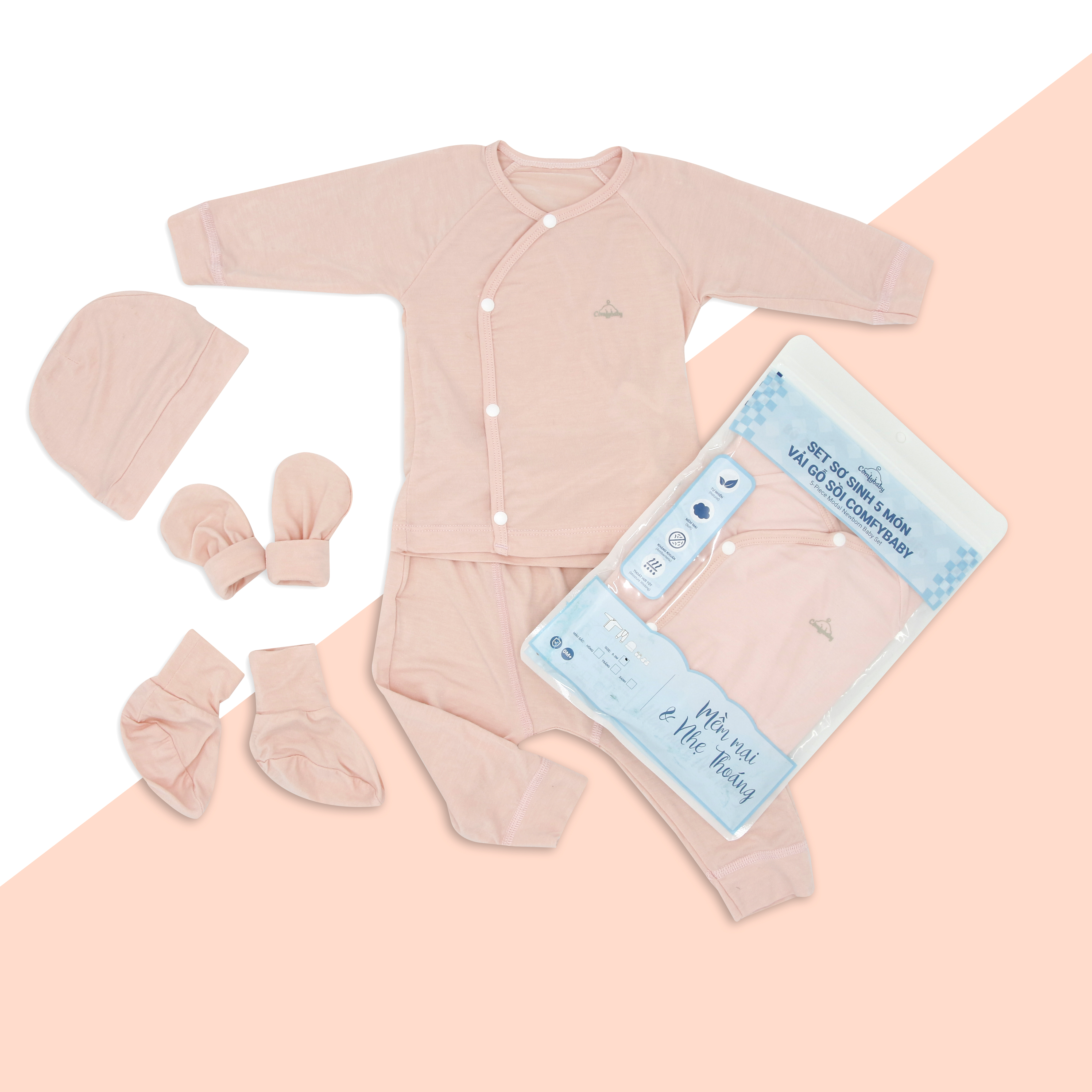 Set quần áo sơ sinh 5 món cho bé ComfyBaby (quần áo, bao chân tay, mũ)-chất Modal làm từ sợi cây sồi siêu mềm