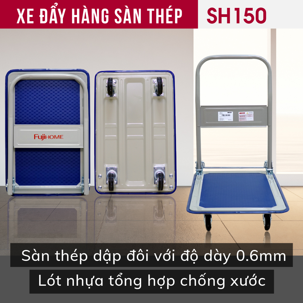 Xe đẩy hàng sàn thép 4 bánh FUJIHOME SH150, tải trọng 100kg - Công nghệ Nhật Bản, xuất xứ chính hãng - Bảo hành 12 tháng