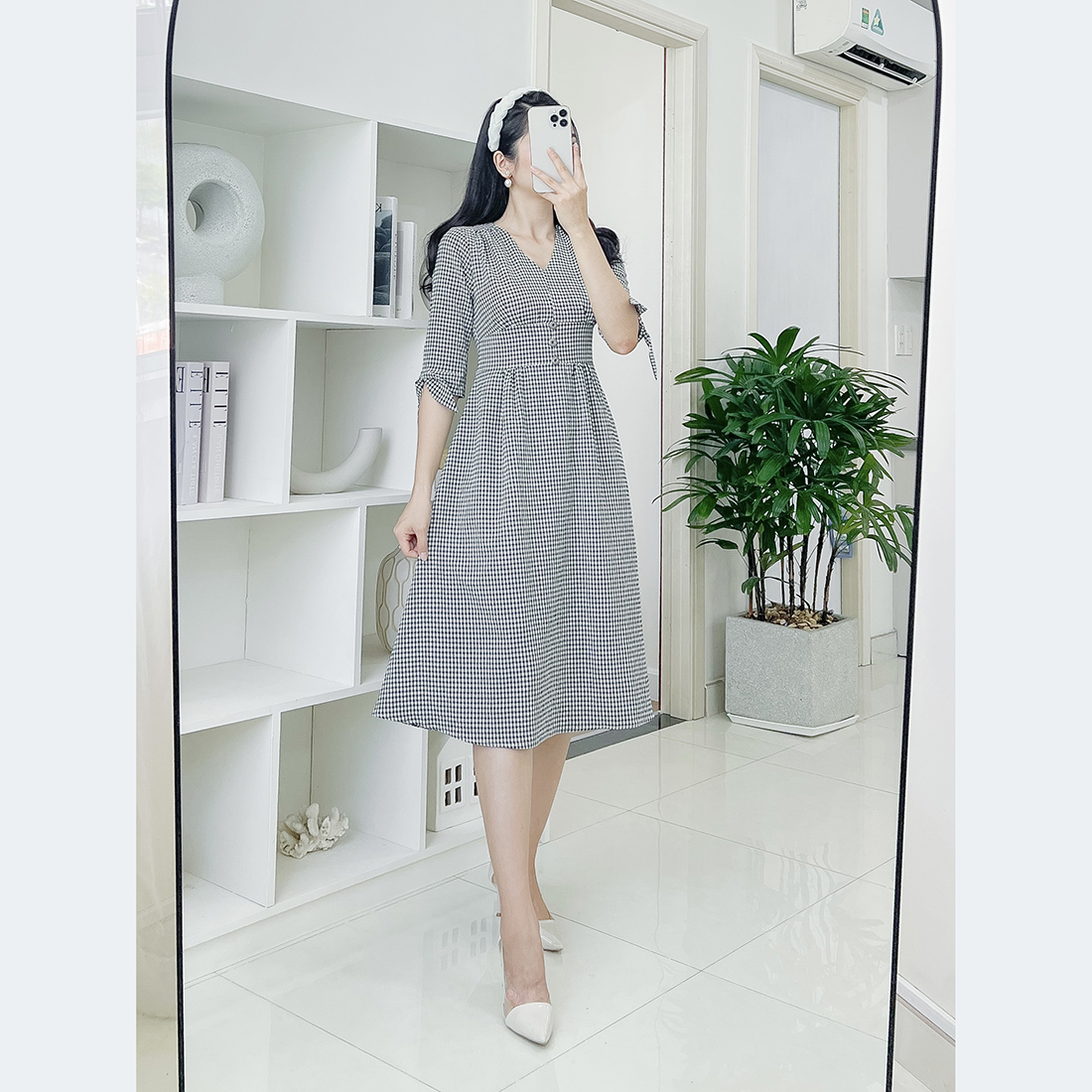 Đầm xòe caro cổ tim tay lỡ thời trang Eden - D501