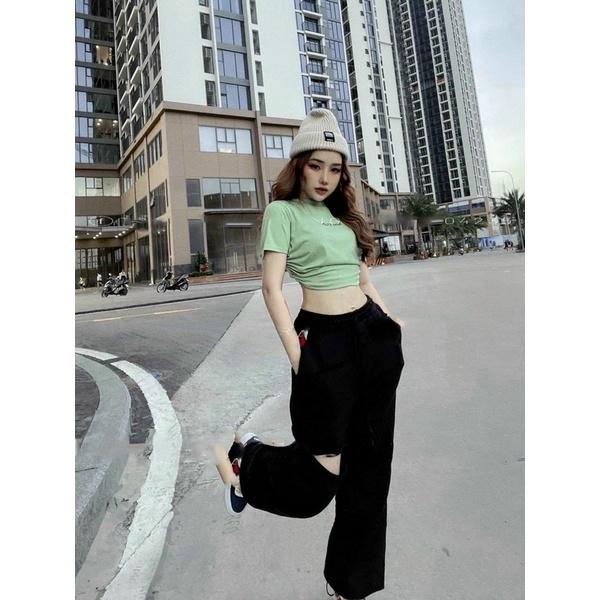 SET ÁO XANH LÁ + QUẦN SUÔNG ỐNG BO RÁCH 1 BÊN