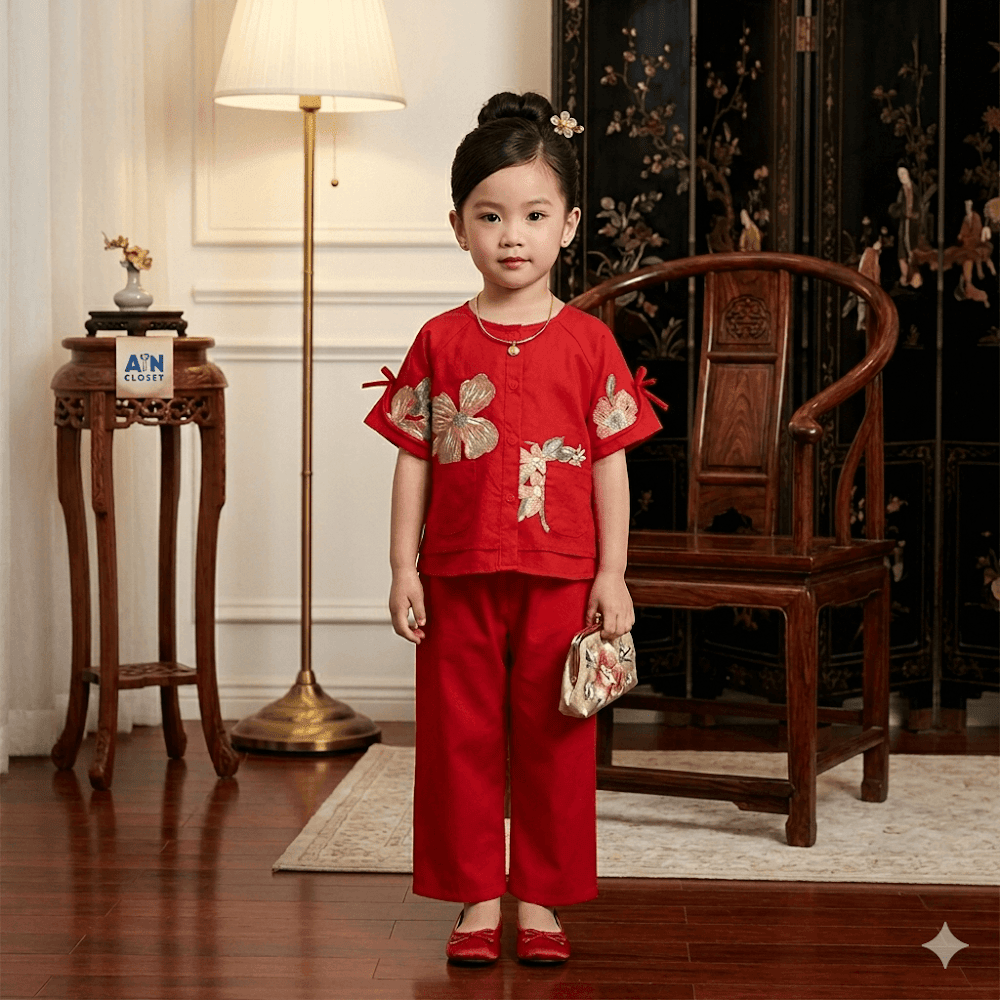 Bộ quần áo Bà Ba Dài tay ngắn bé gái họa tiết Mẫu Đơn Đỏ Tơ - AICDBGK0BPD8 - AIN Closet