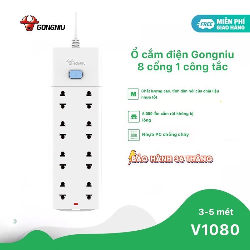 Ổ Cắm Điện Gongniu Đa Năng 8 Ổ 1 Công Tắc – Công Suất 10A/250/2500W – Trắng – Chính Hãng (V1080)