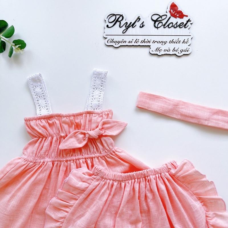 Sét Bộ Màu Hồng Phấn Bé Gái 3 Đến 12kg Chất Linen Bột Mềm Mát