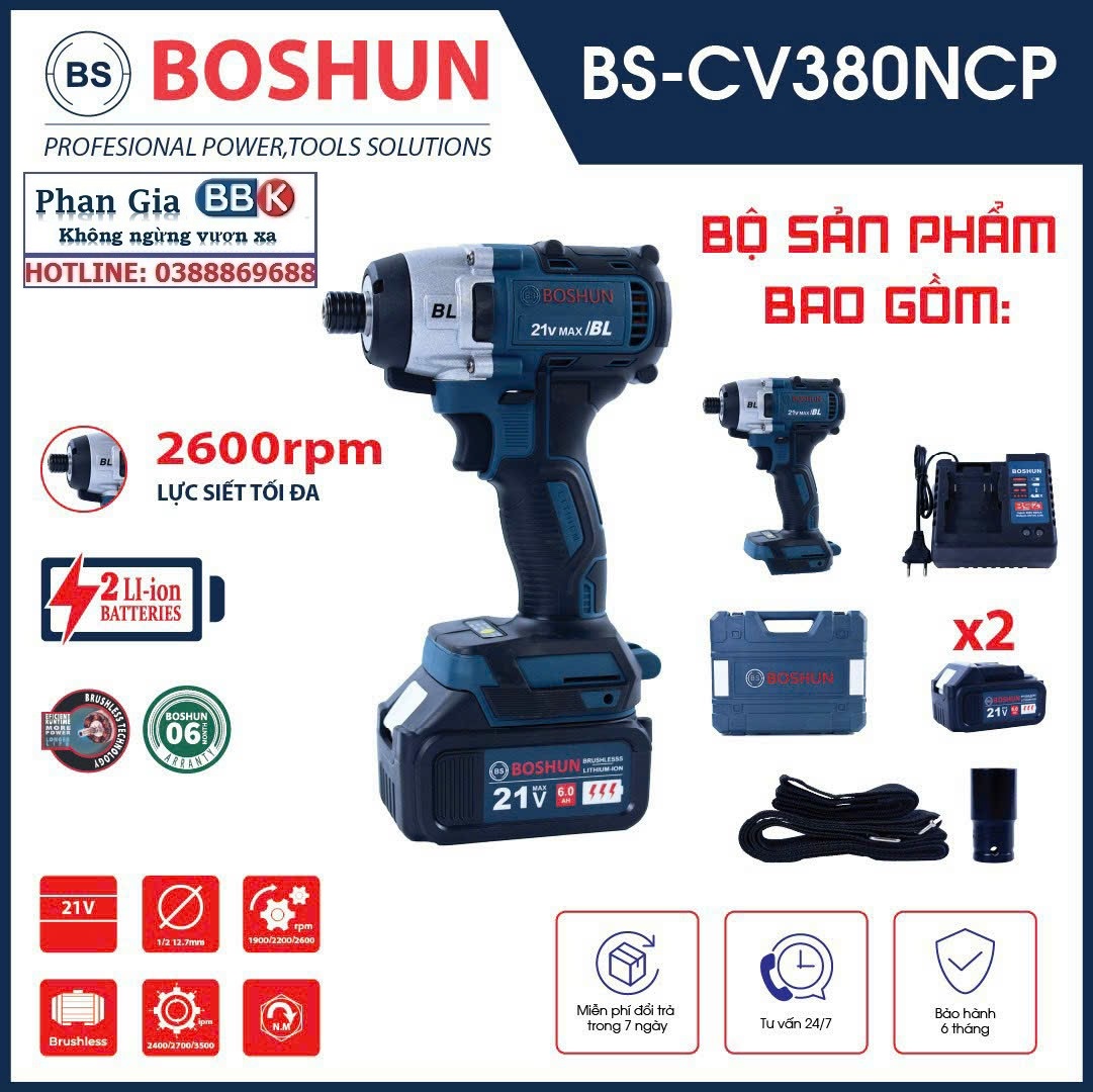 Máy Bắt Vít Pin Cầm Tay BOSHUN 21V 330N.m, Pin 10 Cell - Động Cơ Không Chổi Than - 100% Lõi Đồng - Bảo Hành 12 Tháng