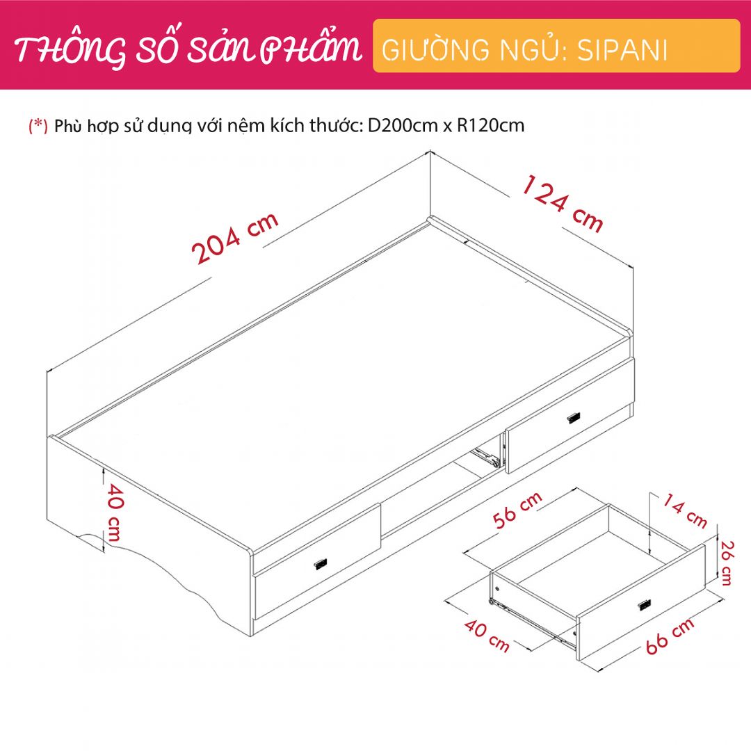 Giường ngủ gỗ hiện đại SMLIFE Sipani | Gỗ MDF dày 17mm chống ẩm | D214xR124xC40cm